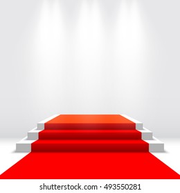 Palco para cerimônia de premiação. Pódio branco com tapete vermelho. Pedestal. Ilustração vetorial.