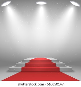 Stage for awards ceremony. White podium with red carpet, illuminated by spotlight. Vector illustration.