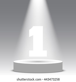 Stage for awards ceremony. White round podium. First place. Pedestal. Spotlight. Scene. Vector illustration.