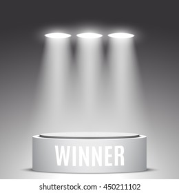 Stage for awards ceremony. White round winners podium. Pedestal. Scene. Spotlight. 3D. Vector illustration.