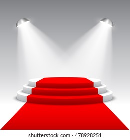 Stage for awards ceremony. White round podium with red carpet. Pedestal. Scene. Searchlight. Vector illustration.