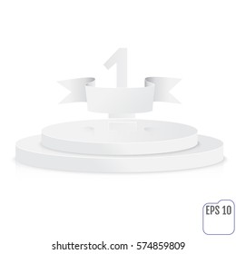Stage for awards ceremony. White round podium. First place. Winner, number one background. Pedestal. 3D. Scene.  Two-level podium. Vector illustration.