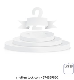 Stage for awards ceremony. White round podium. Second place. Winner, number two background. Pedestal. 3D. Scene.  Three-level podium. Vector illustration.