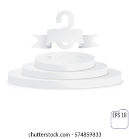 Stage for awards ceremony. White round podium. Third place. Winner, number three background. Pedestal. 3D. Scene.  Three-level podium. Vector illustration.