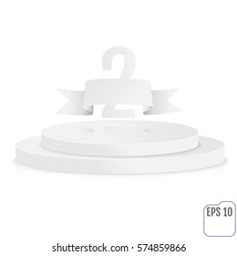 Stage for awards ceremony. White round podium. Second place. Winner, number two background. Pedestal. 3D. Scene.  Two-level podium. Vector illustration.