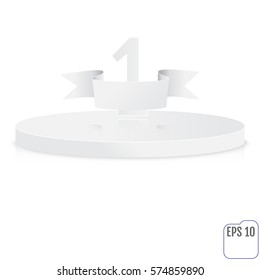 Stage for awards ceremony. White round podium. First place. Winner, number one background. Pedestal. 3D. Scene. Classic podium.  One-level podium. Vector illustration.