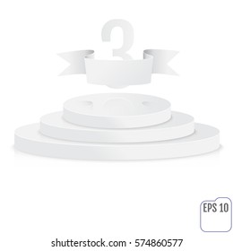 Stage for awards ceremony. White round podium. Third place. Winner, number three background. Pedestal. 3D. Scene.  Three-level podium. Vector illustration.
