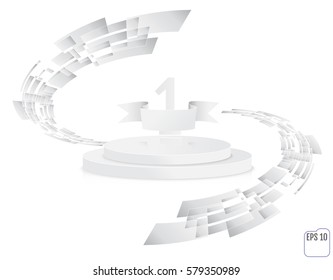 Stage for awards ceremony. White round podium. First place. Winner, number one background. Pedestal. 3D. Scene.  Two-level podium. Vector illustration.