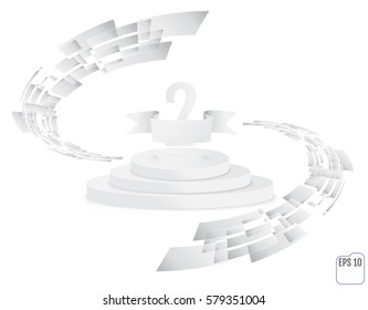 Stage for awards ceremony. White round podium. Second place. Winner, number two background. Pedestal. 3D. Scene.  Three-level podium. Vector illustration.