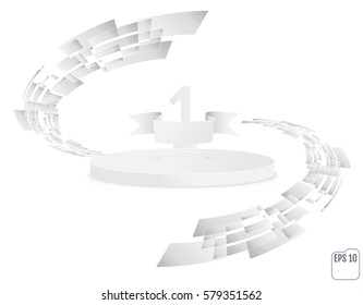 Stage for awards ceremony. White round podium. First place. Winner, number one background. Pedestal. 3D. Scene.  One-level podium. Vector illustration.