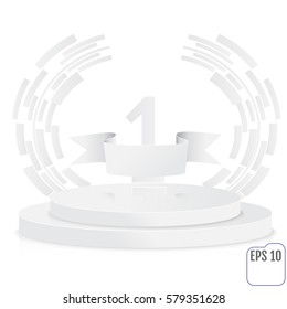 Stage for awards ceremony. White round podium. First place. Winner, number one background. Pedestal. 3D. Scene.  Two-level podium. Vector illustration.