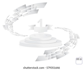 Stage for awards ceremony. White round podium. First place. Winner, number one background. Pedestal. 3D. Scene.  Three-level podium. Vector illustration.