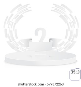 Stage for awards ceremony. White round podium. Second place. Winner, number two background. Pedestal. 3D. Scene. Classic podium.  One-level podium. Vector illustration.