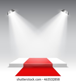 Stage for awards ceremony. White square podium with red carpet. Pedestal. Spotlight. Vector illustration.