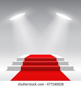 Stage For Awards Ceremony. White Square Podium With Red Carpet. Pedestal. Spotlight. Vector Illustration.