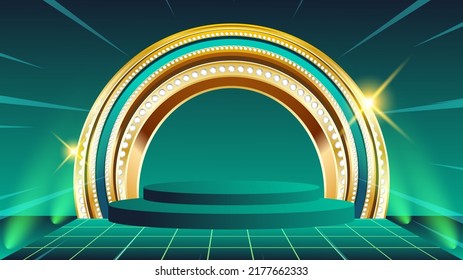 Stage background with green and golden podium vector illustration