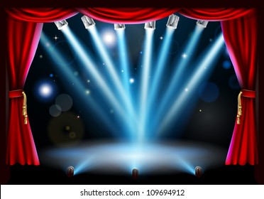 Stage background illustration with blue stage spot lights pointing to the centre of the stage and red curtain frame