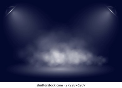 Plano de fundo do palco com holofotes e fumaça. Cena iluminada escura com feixes de luz suave e neblina neblina. Design atmosférico para teatro, apresentação, festa, evento. Ilustração vetorial realista.