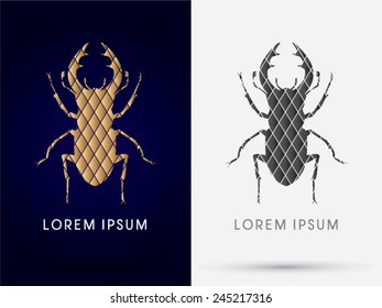 Stage Beetle, Lucanus cervus, Designed using gold and black geometric , logo, symbol, icon, graphic, vector.