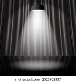 Stage with black curtains and one spotlight shining on glossy floor.Vector illustration