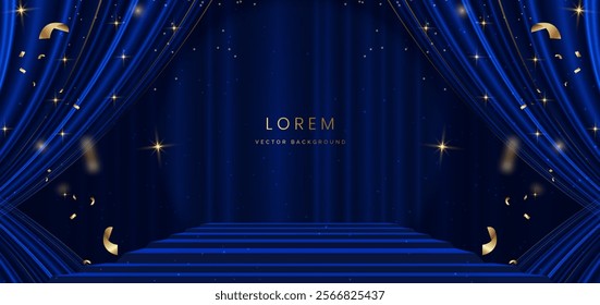 Stage blue curtain background. Golden confetti  background. Celebration grand opening party happy concept. Vector illustration