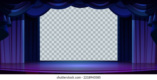 Stage blue curtains isolated, empty frames drapery for theater scene on transparent background. Luxury textile decor for opera or music hall, Cartoon vector illustration