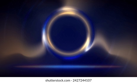 Stage. Blue golden circular lighting background, spot of light on floor dark backdrop. Illuminated stage. Background for displaying products. Shimmering glittering particles. Vector illustration