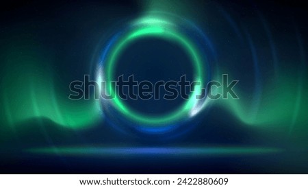 Stage with blue green circular lighting background. Shining light ring. Glowing green blue circle. Stage fluorescent backdrop. Background for displaying products, text, copy paste. Vector illustration
