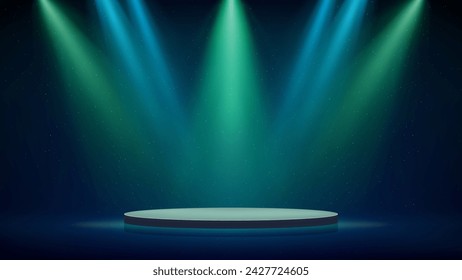 Stage, blue green spotlights, podium. Background, backdrop for displaying products. Blue green stage spotlight on dark background. Beams of spotlights, glittering particles, a spot light. Vector