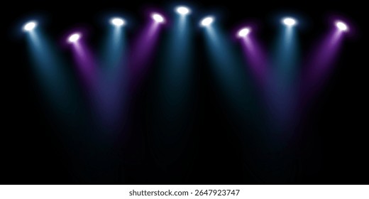 Palco com Destaques Azul e Rosa PNG. Cena iluminada com iluminação vibrante no fundo escuro para projetos de concerto, desempenho ou evento noturno