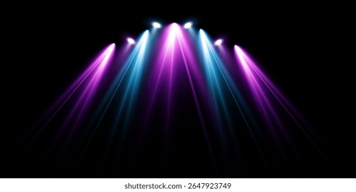 Palco com Destaques Azul e Rosa PNG. Cena iluminada com iluminação vibrante no fundo escuro para projetos de concerto, desempenho ou evento noturno