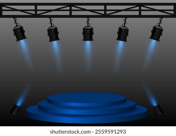 Stage Blue spotlight. Elevated circular platform, black stage lights emitting beams, metal truss structure, performance setup, event lighting, presentation space, theatrical equipment