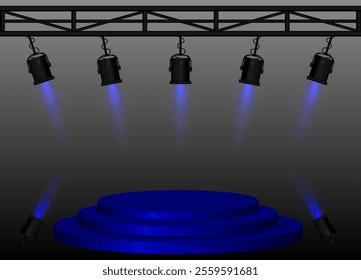 Stage Blue spotlight. Elevated circular platform, black stage lights emitting beams, metal truss structure, performance setup, event lighting, presentation space, theatrical equipment