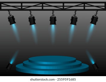 Stage Blue spotlight. Elevated circular platform, black stage lights emitting beams, metal truss structure, performance setup, event lighting, presentation space, theatrical equipment