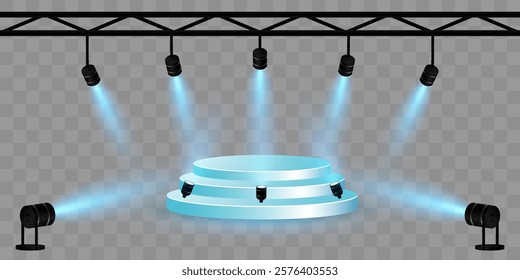 Stage blue spotlight. Round podium for concert stages, performances. Vector illustration. Eps 10.