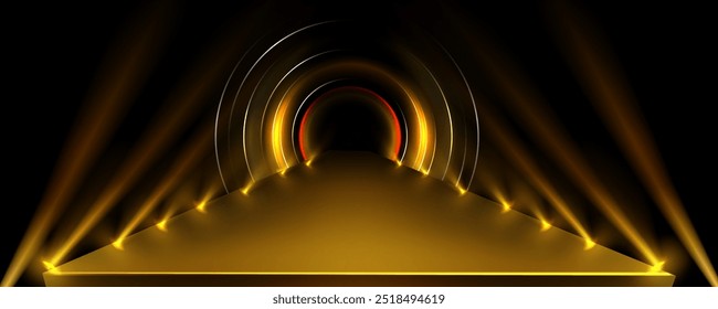 Passarela de palco com raios de luz de spot de ouro e túnel circular. Cena abstrata do vetor 3d realista com luz dourada para a cerimônia de premiação do vencedor ou apresentação do produto. Fundo de estúdio preto de luxo.