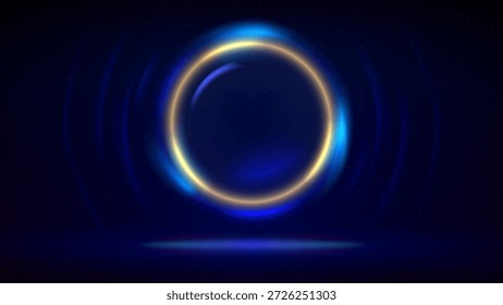 Palco, quadro de luz de ouro circular em fundo escuro. Palco iluminado, fundo azul escuro. Círculo de vidro brilhante azul. Anel de luz brilhante. Plano de fundo para exibir produtos, texto, copiar e colar. Vetor