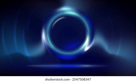 Stage, circular light frame, dark background. Blue cyan glowing plasma circle. Shining light ring. Illuminated stage, dark blue backdrop. Background for displaying products, text, copy paste. Vector