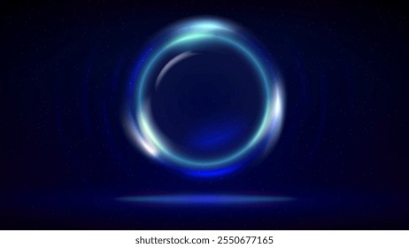 Stage, circular light frame on dark background. Illuminated stage, dark blue backdrop. Blue cyan glowing glass circle. Shining light ring. Background for displaying products, text, copy paste. Vector