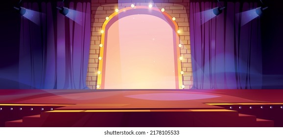 Stage for concert or show with spotlights, curtains and gold arch with light bulbs. Vector cartoon illustration of empty scene for music festival, performance or talent contest