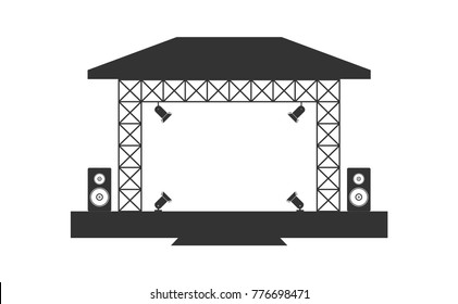 Stage concert, theater, podium, spotlight, stage light, empty stage, musical equipment speakers, simple icons, stage