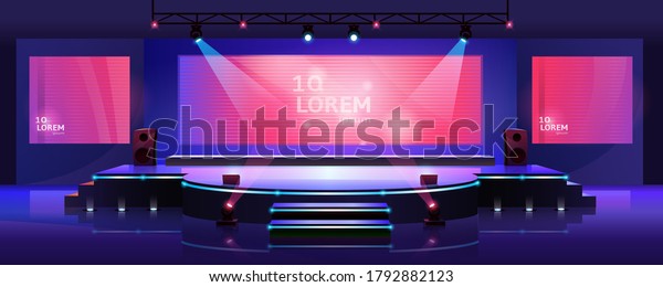 Stage of conference hall, presentation and concert\
scene, vector empty background template. Modern event stage with\
speaker podium, chair seats, spotlights and projector display\
monitors on screen