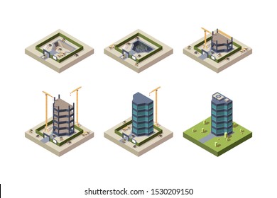 Stage Construction Isometric. High Modern Building Skyscraper Architecture Vector Techniques Pictures