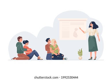 Stage courses for pregnant women. Image of married couples listening to a lecture. Vector illustration. Isolated on a white background. Flat cartoon style.