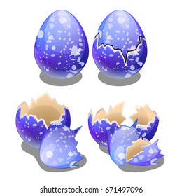 The stage of cracking toy blue painted eggs isolated on a white background. Cartoon vector close-up illustration.
