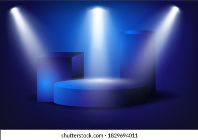 stage cubes and 	cylinders with spotlight on the blue background useful for products show