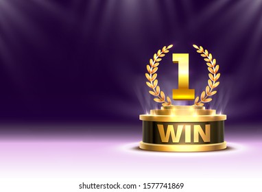 Stage Cup with lighting, Stage Podium Scene with for Award Ceremony on Night Background. Vector illustration