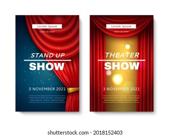 Stage curtain cards. Comedy and theatre show playbills with realistic red veils frames, art performance elegant design light and dark vector set of posters