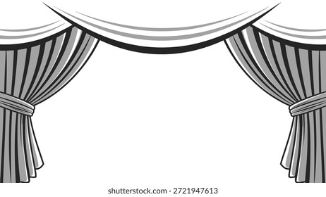 Las cortinas escénicas de diseño en escala de grises con elegantes pliegues y cortinas crean un ambiente de teatro clásico para fondos de espectáculos.