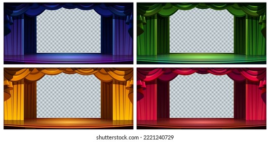 Stage Curtains Isolated Set, Empty Frames Of Red, Blue, Green And Yellow Drapery For Theater Scene On Transparent Background. Luxury Textile Decor For Opera Or Music Hall, Cartoon Vector Illustration